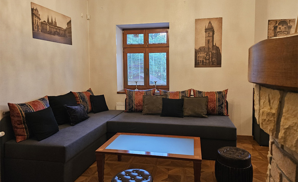 Living Room Pražský Hrad Villa Prague Braník private accommodation fireplace